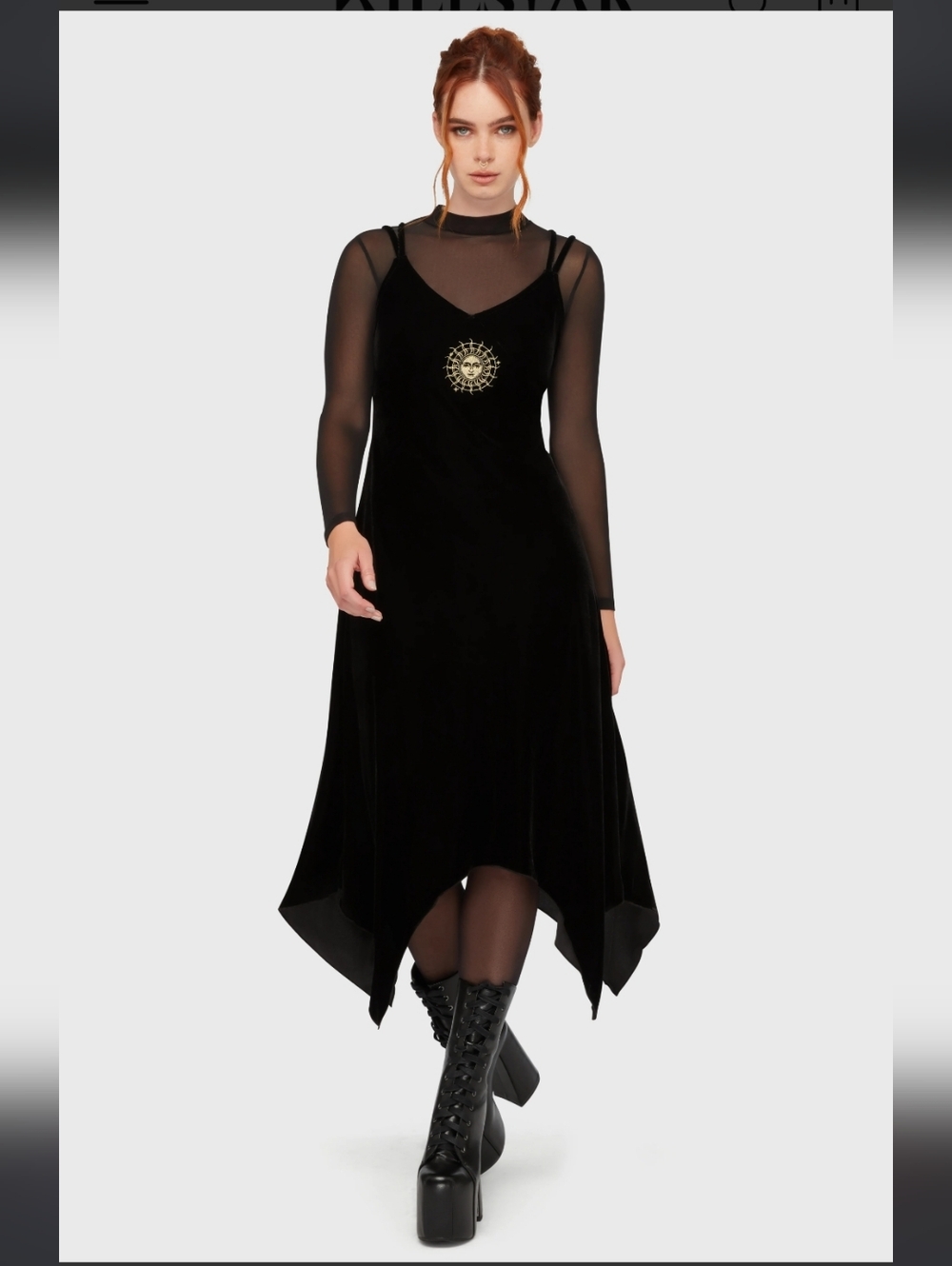 Killstar Black Velvet Midi Dress with Gold Sun Emblem